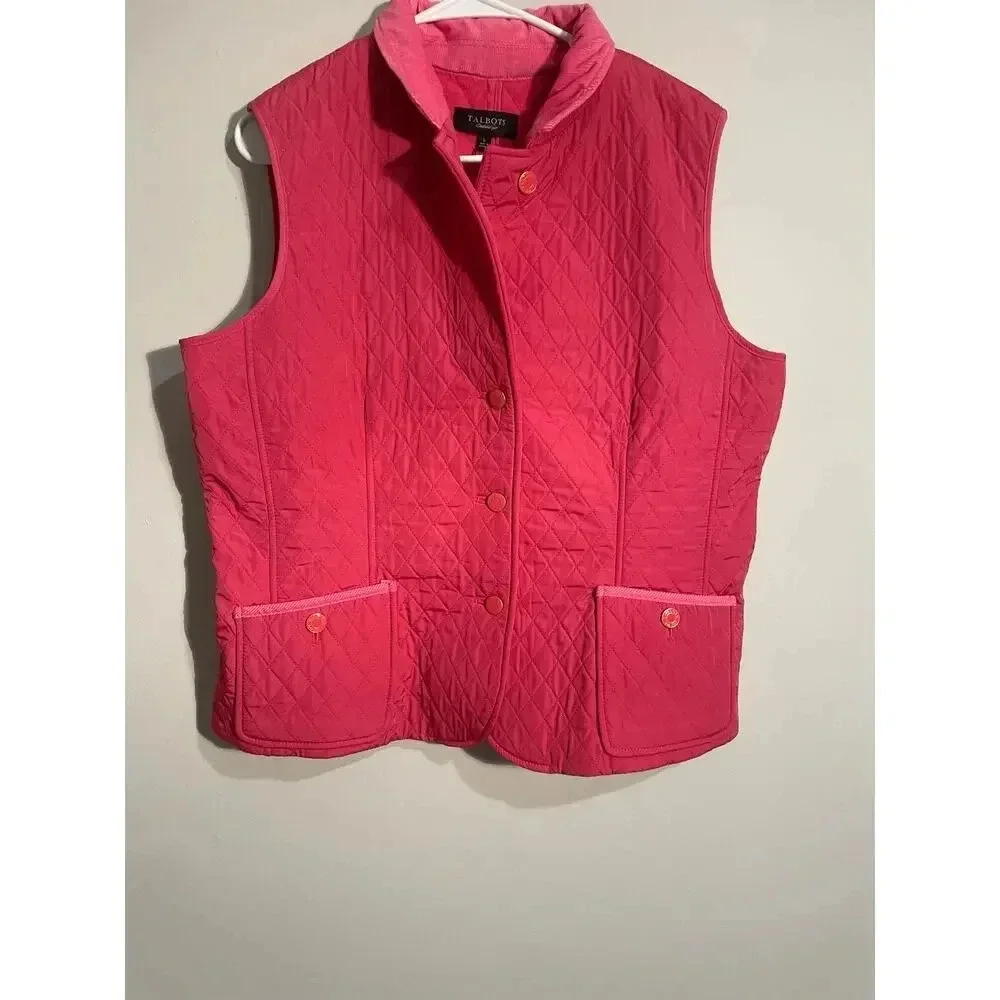 Talbots Pink Quilted Button Front‎ Vest with Corduroy Collar